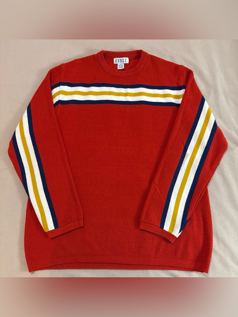 Badge - Burnt Orange Crewneck Sweater with Contrast Stripes